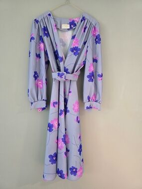 Vintage Sears Lavender Floral V-Neck Belted Midi Dress